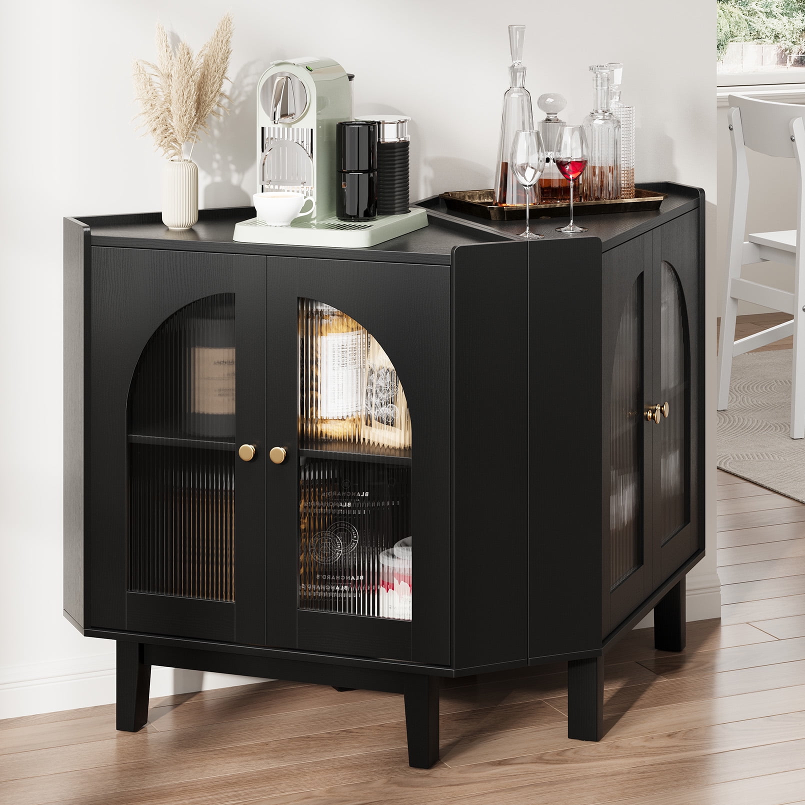 Vividwood Floor Corner Cabinet with Doors and Shelves, Fluted Storage Cabinet Freestanding Corner Cabinet for Bathroom, Kitchen, Living Room, Black