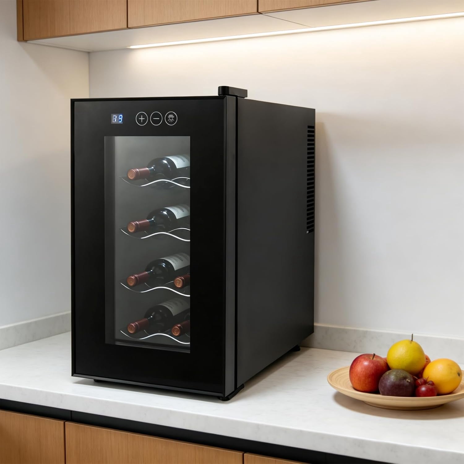 Miumaeov Thermoelectric Wine Cooler Countertop, 8-Bottle Horizontal Wine Fridge with Removable Shelves, 4 Tiers Freestanding Wine Chiller, 46.4-64.4°F