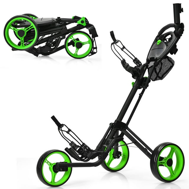 Gymax Chariot de Golf Pliable à 3 Roues avec Sac en Filet Frein à Pied Vert
