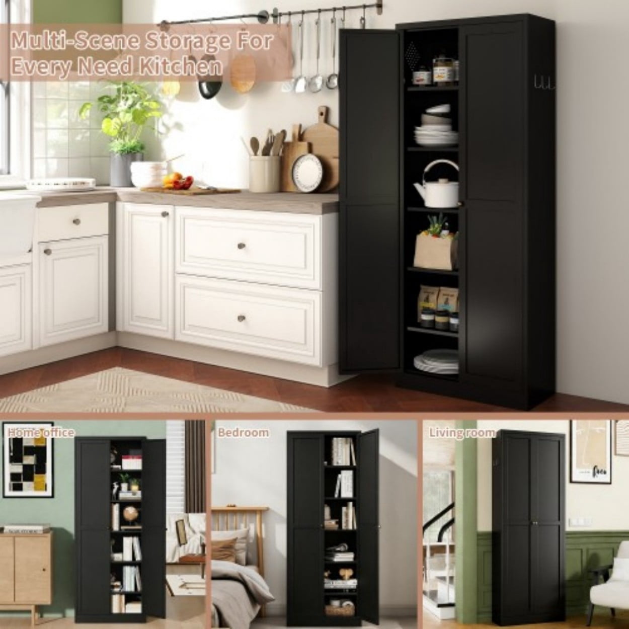 72" White Metal Kitchen Pantry Cabinet with Doors, Heavy Duty Freestanding Storage Organizer, 5 Adjustable Shelves, Tool-Free Assembly Cabinet for Kitchen Bathroom Pantry, Black