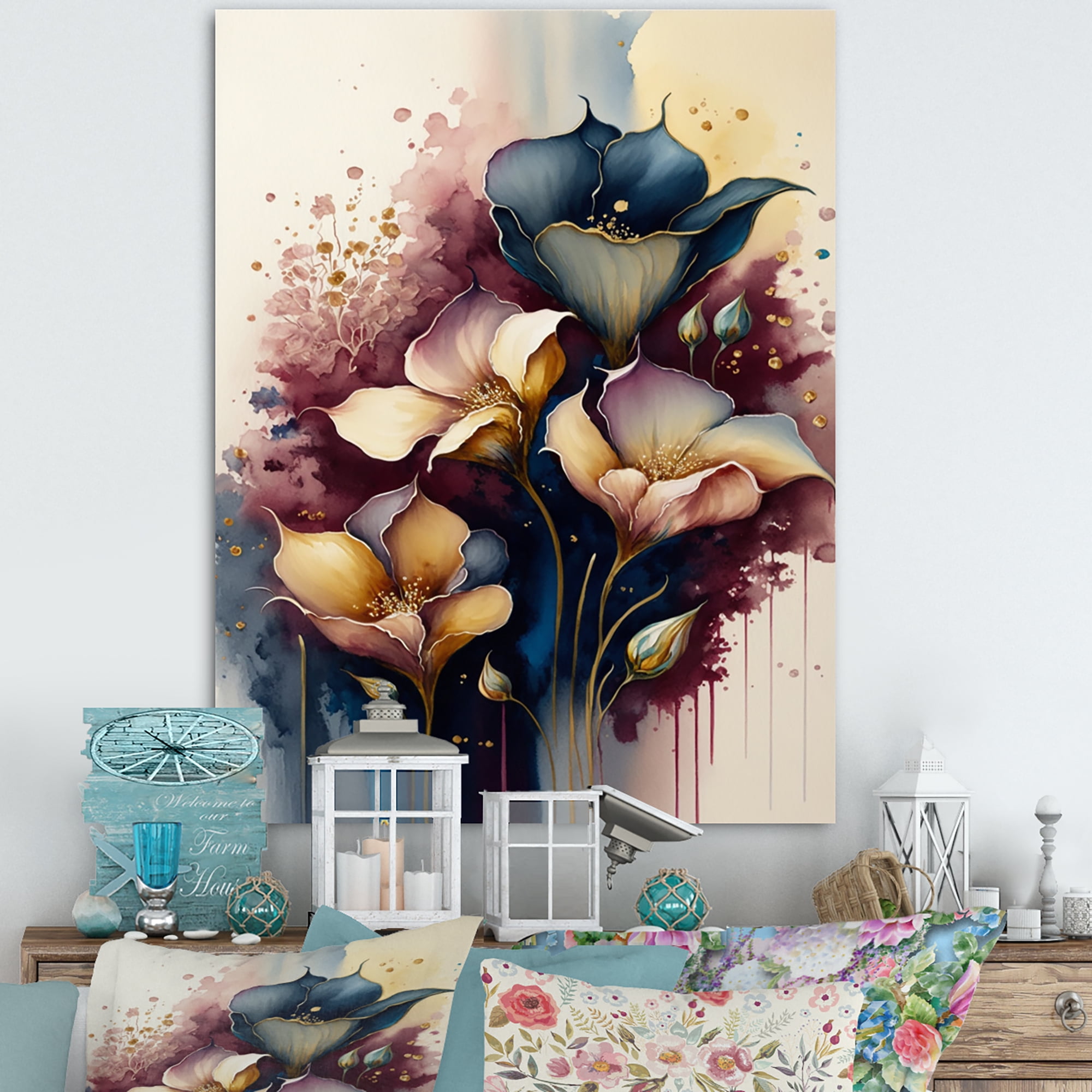 Designart Blue And Burgundy Cally Lily Bouquet I Canvas Wall Art