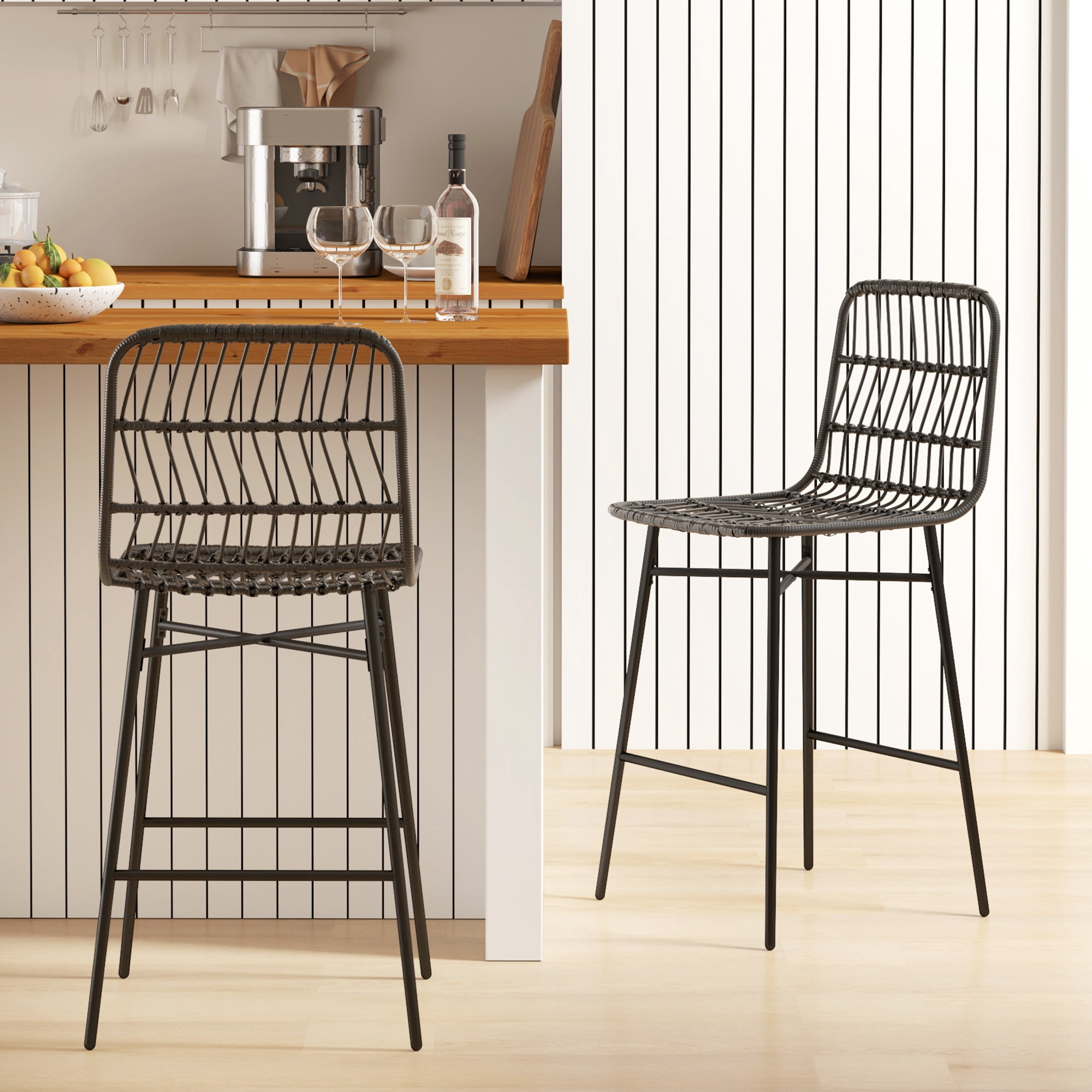 HOMCOM Rattan Counter Height Bar Stools Set of 2, 26" Wicker Barstools with Back, Bar Chairs for Kitchen Island, Kitchen Counter, Dining Room, Black