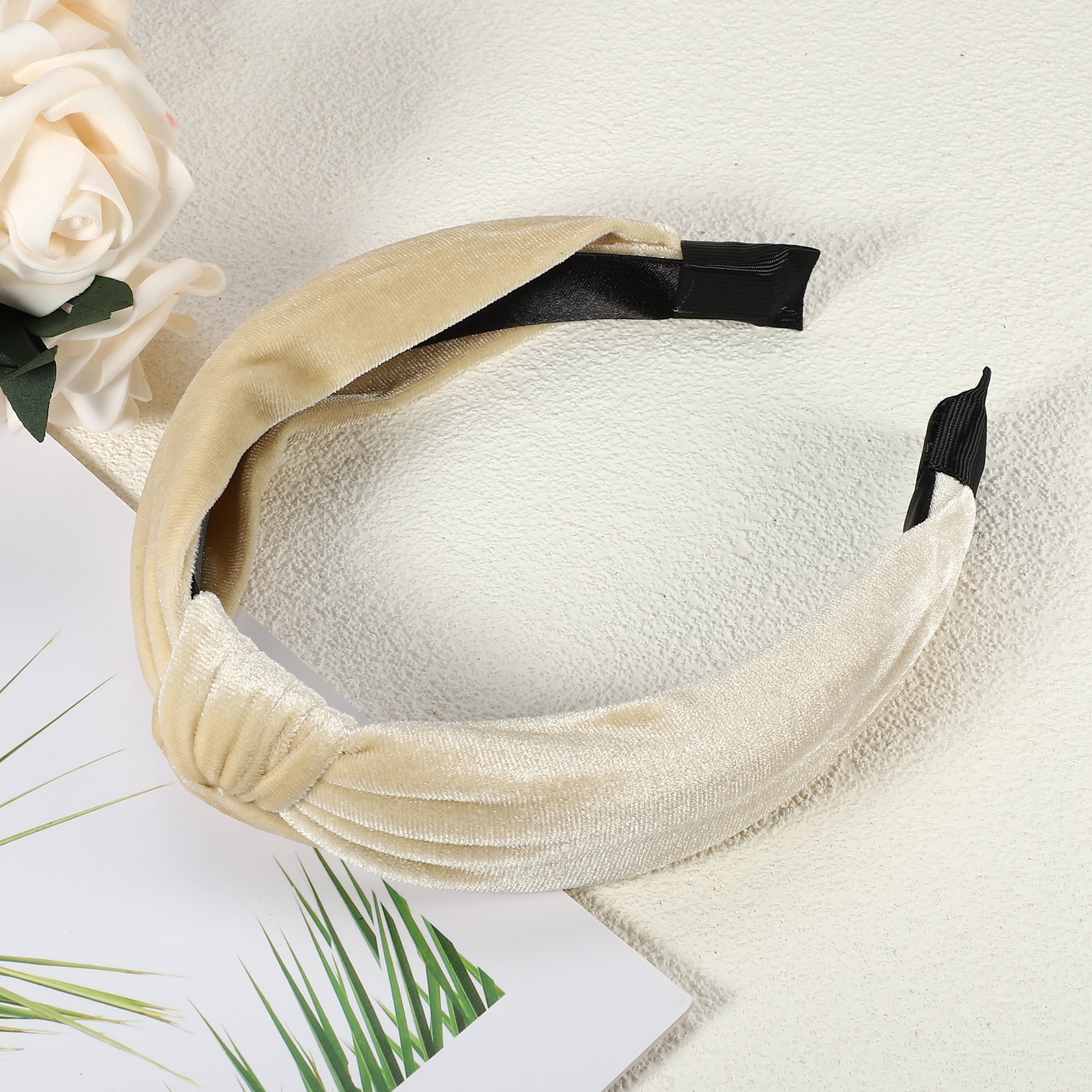 Unique Bargains Velvet Knotted Headbands Hairband for Women 1.2 Inch Wide Beige