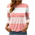 thumbnail image 2 of Womens Tops Stripe Printed 3/4 Sleeved Casual T-shirt Round Neck Top #Pink L,Tops for Women, 2 of 6