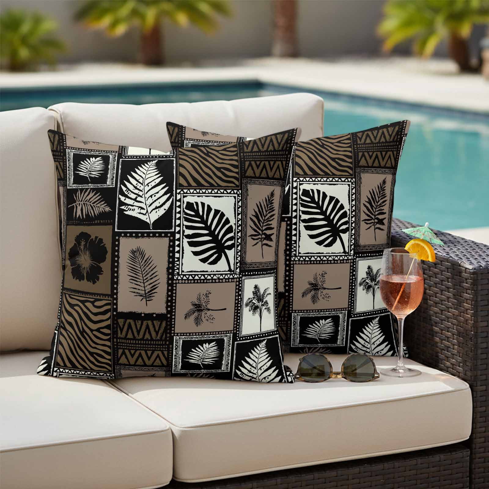 Tropical Summer Boho Outdoor Pillow Covers Set of 2 Monstera Fern Palm Leaf Hibiscus Brown Waterproof Throw Pillow Cover Decorative Cushion Cases for Patio Porch Garden 16X16 Inch
