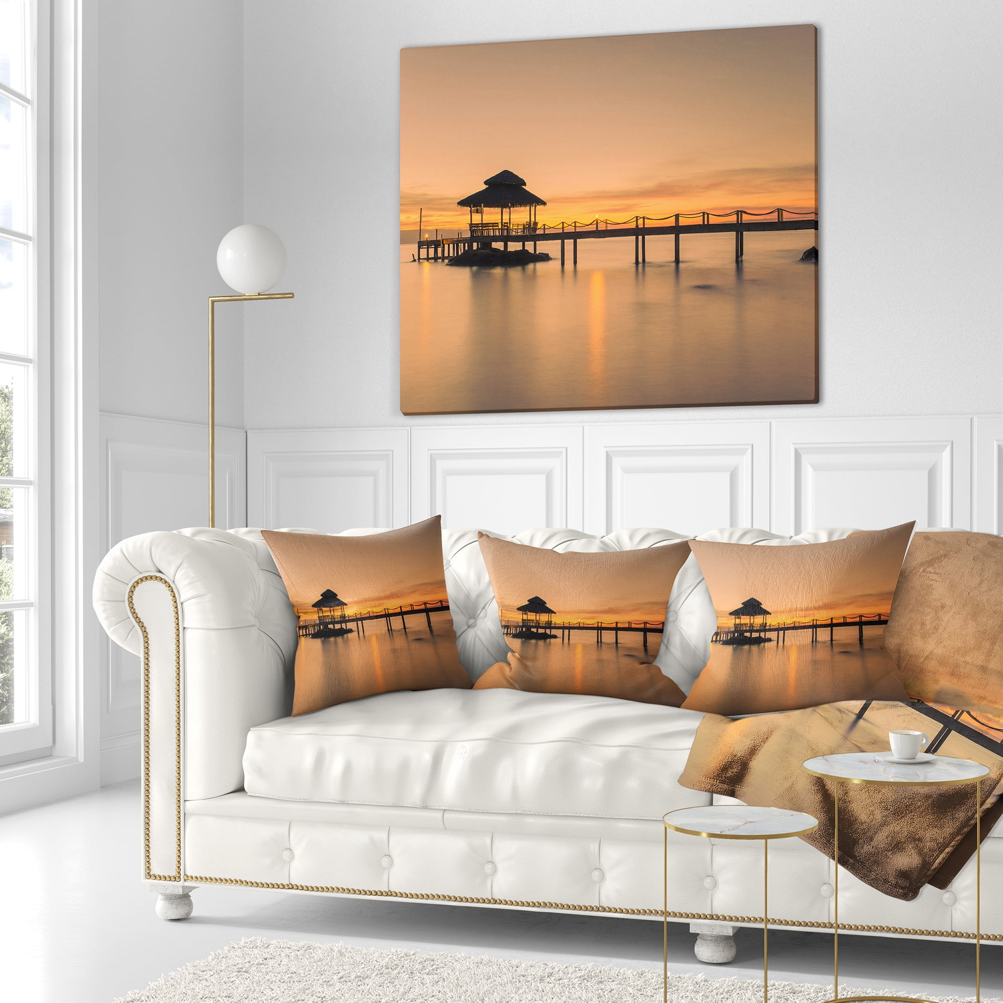 Designart Wonderful Wooden Pier and Hut Phuket - Pier Seascape Throw Pillow - 18x18