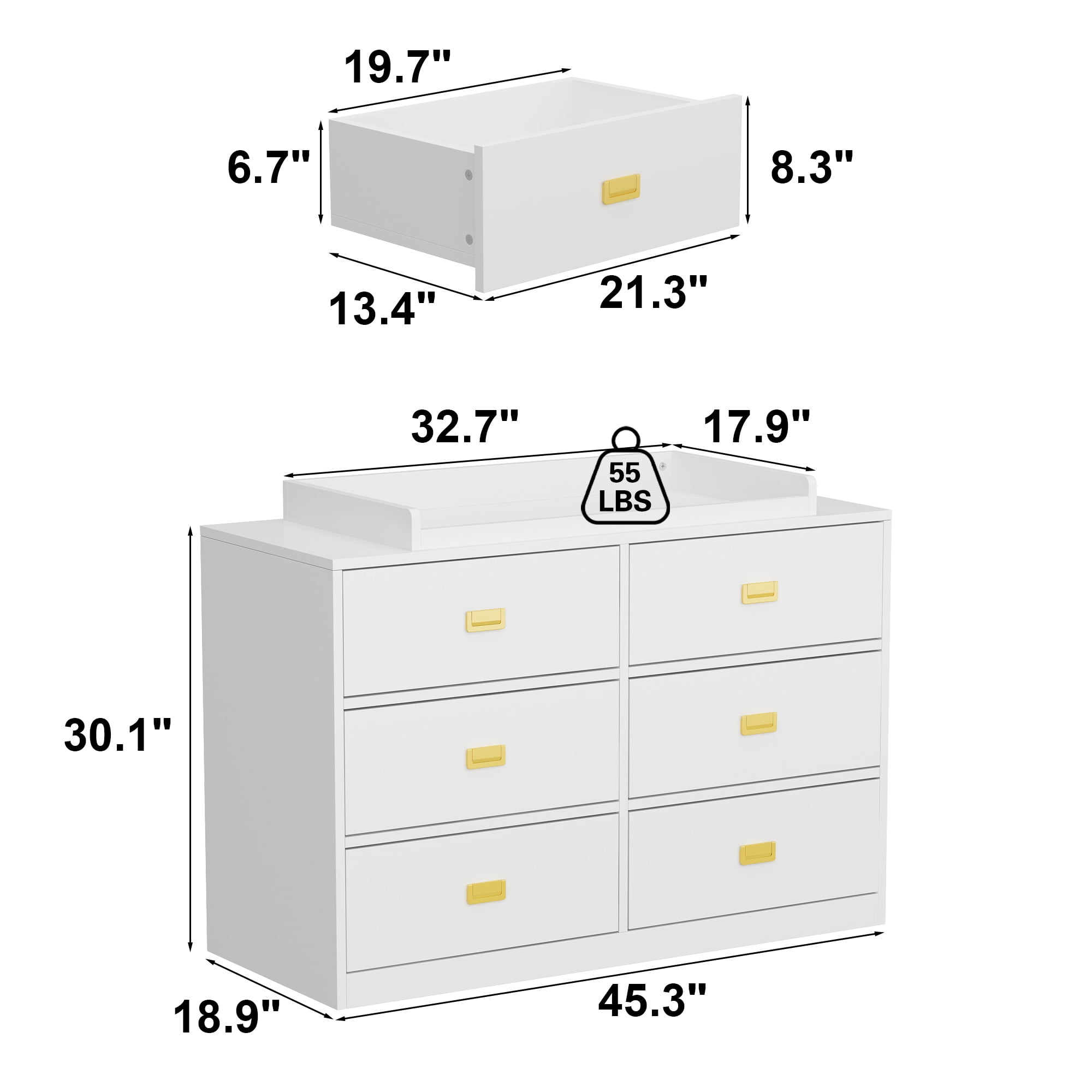 OxyLife White Dresser Changing Table, Baby Nursery Station-Infant & Toddler, 6-Drawer, 1 Pack
