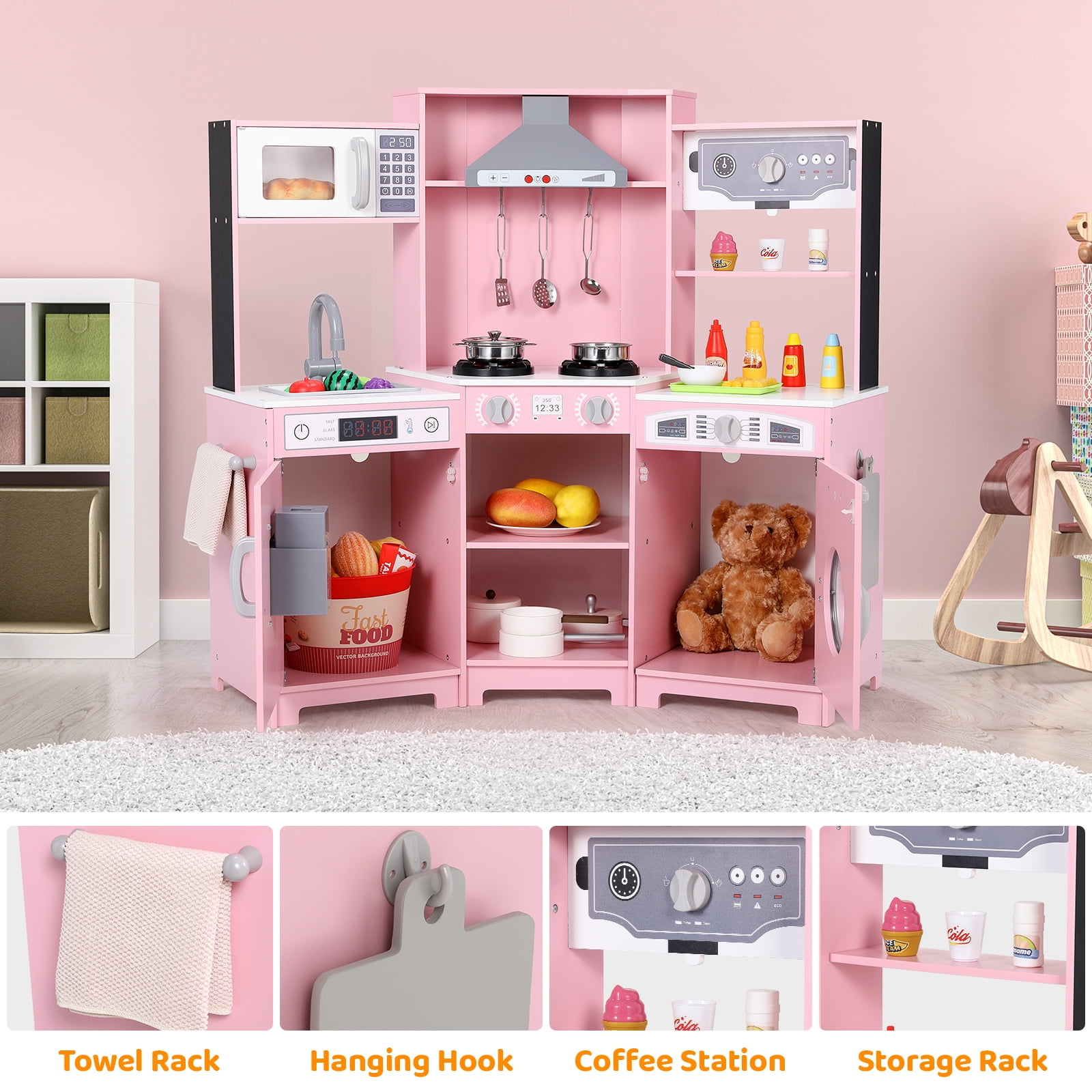 LAZY BUDDY Wooden Corner Play Kitchen Set, Kids Cooking Playset Toddler Pretend Interactive Toy with Realistic Sound & Light