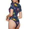 thumbnail image 3 of KLL Women 's Crew Neck Bodysuit Jumpsuits Dinosaur Flowers Print Short onesies Stretch T Shirts, 3 of 7