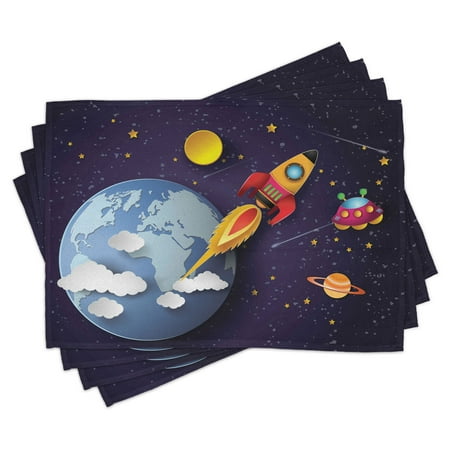 

Outer Space Placemats Set of 4 Rocket on Planetary System with Earth Stars Ufo Saturn Sun Galaxy Boys Print Washable Fabric Place Mats for Dining Room Kitchen Table Decor Multicolor by Ambesonne