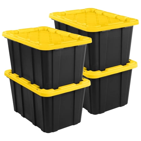 Sterilite 4-Pack 27 Gallon Industrial Storage Tote, Heavy-Duty Plastic Bins, Black/Yellow