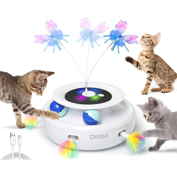 Cat Toy, 3-in-1 Automatic Interactive Electronic Moving Ambush Feather, Fluttering Butterfly, Track Balls, USB Rechargeable Powered Smart Indoor Exercise Kicker