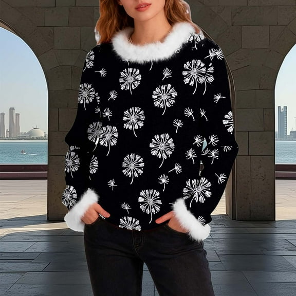 Ounisa Womens Tops Autumn Winter Pullover Sweater Loose Casual Long Sleeved Round Neck Dandelion Pattern Shacket Blouse
