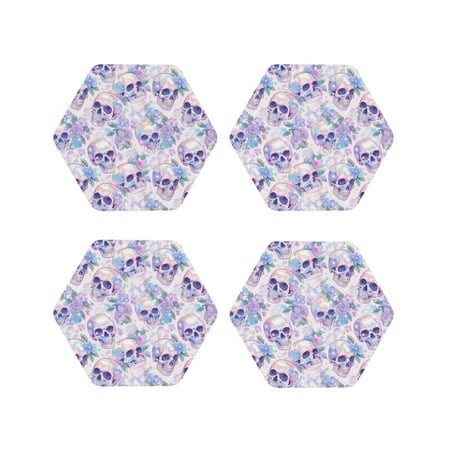 

Leather Coasters Set of 4 - white Skull crystal flower Lightweight Non-Slip Drink Coasters for Desk Anti-Scalding Desk Cup Coasters for Office Table Decor Hexagon