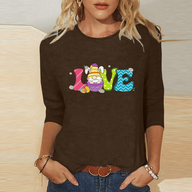 Xihbxyly Hauts Décontractés pour Femmes T-shirt Imprimé Col Rond de Pâques Manches 3/4 Col Rond Chandail Tendance à Petit Prix