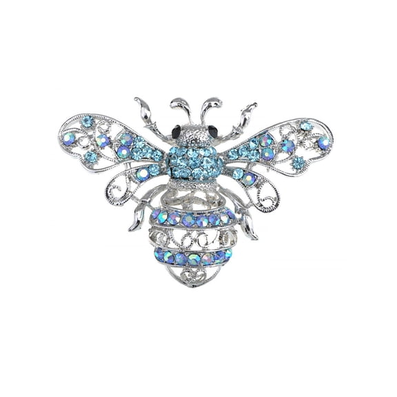 Silver Tone Aqua Light Blue Crystal Rhinestone Queen Bee Fly Insect Pin Brooch