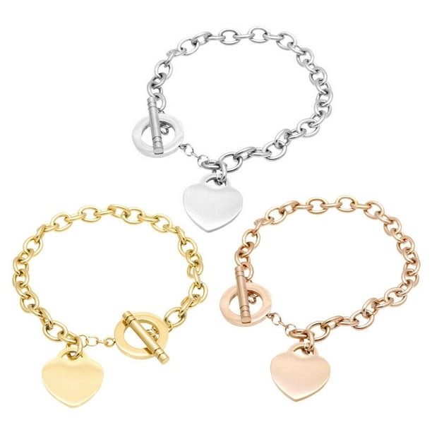 Durhf Stainless Steel Ladies Bracelet Heart Pendant Charm Bracelet Chain Jewelry 18cm