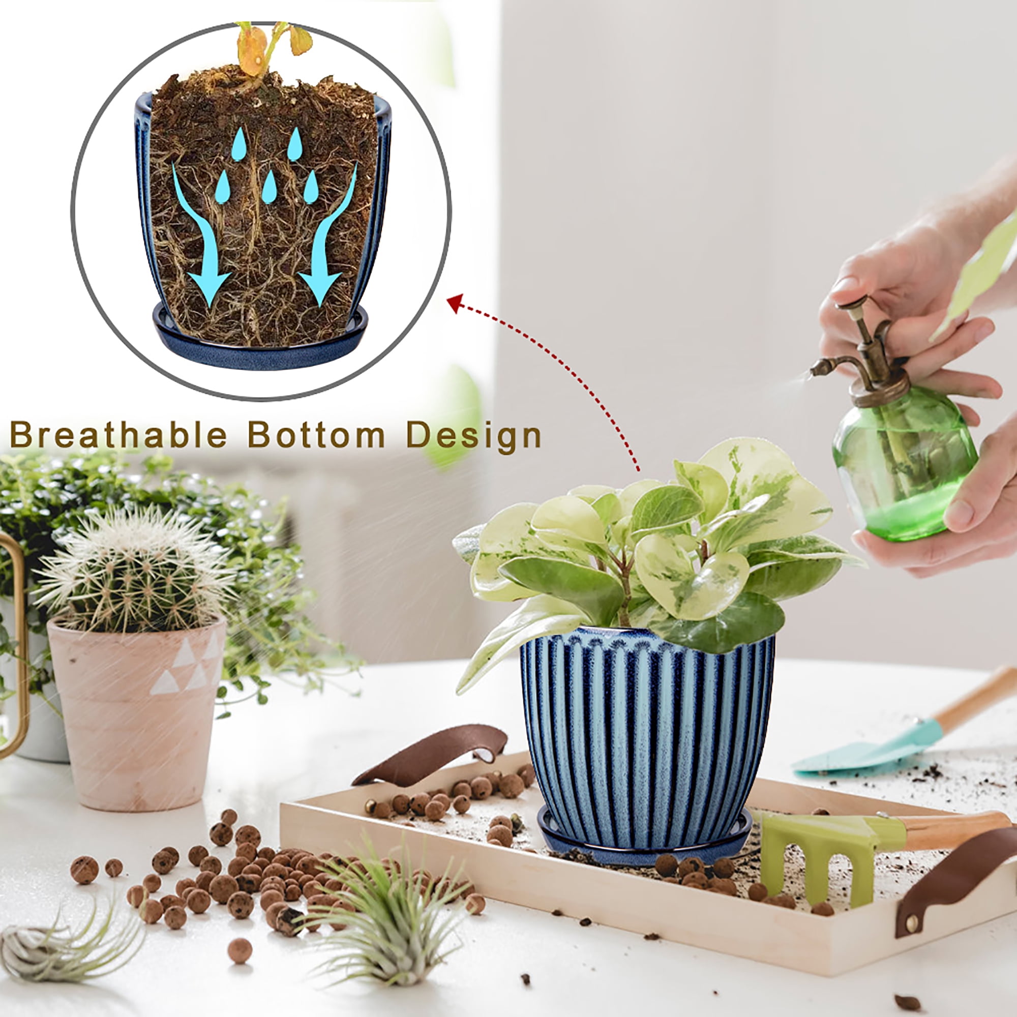 2 Pcs Ceramic Pots 4.9 &5.7 inch Plant Flowers Pots with Saucer and Drainage Holes Blue White Vertical Stripe(Plants are NOT Included)