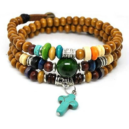 Wood Wrap Bracelet - Wood Bead Cross Wrap Bracelet Christian Religious Inspirational Beaded