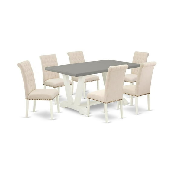 East West Furniture V-Style 7-piece Wood Dining Set in White/Light Beige/Cement