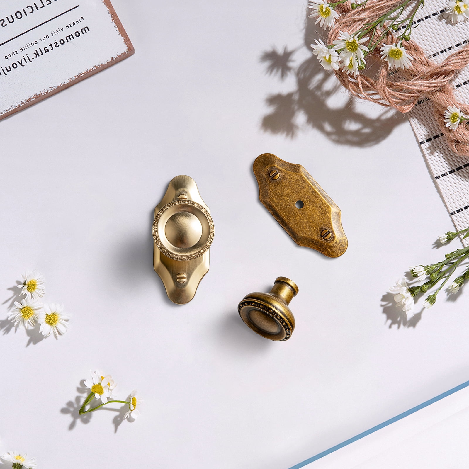 Goo-Ki 12 Pack Antique Brass Cabinet Knobs with Backplate for Drawer Cupboard, Vintage Bronze 1.3" Dia Drawer Knob Pulls Handle Zinc Alloy Hardware