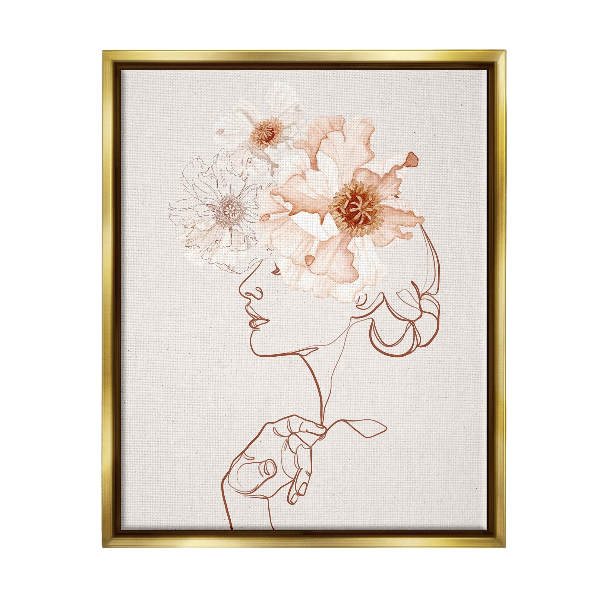 Stupell Industries Delicate Pink Flower Blossoms Woman Line Drawing Metallic Gold Framed Floating Canvas Wall Art, 16x20, by Ros Ruseva