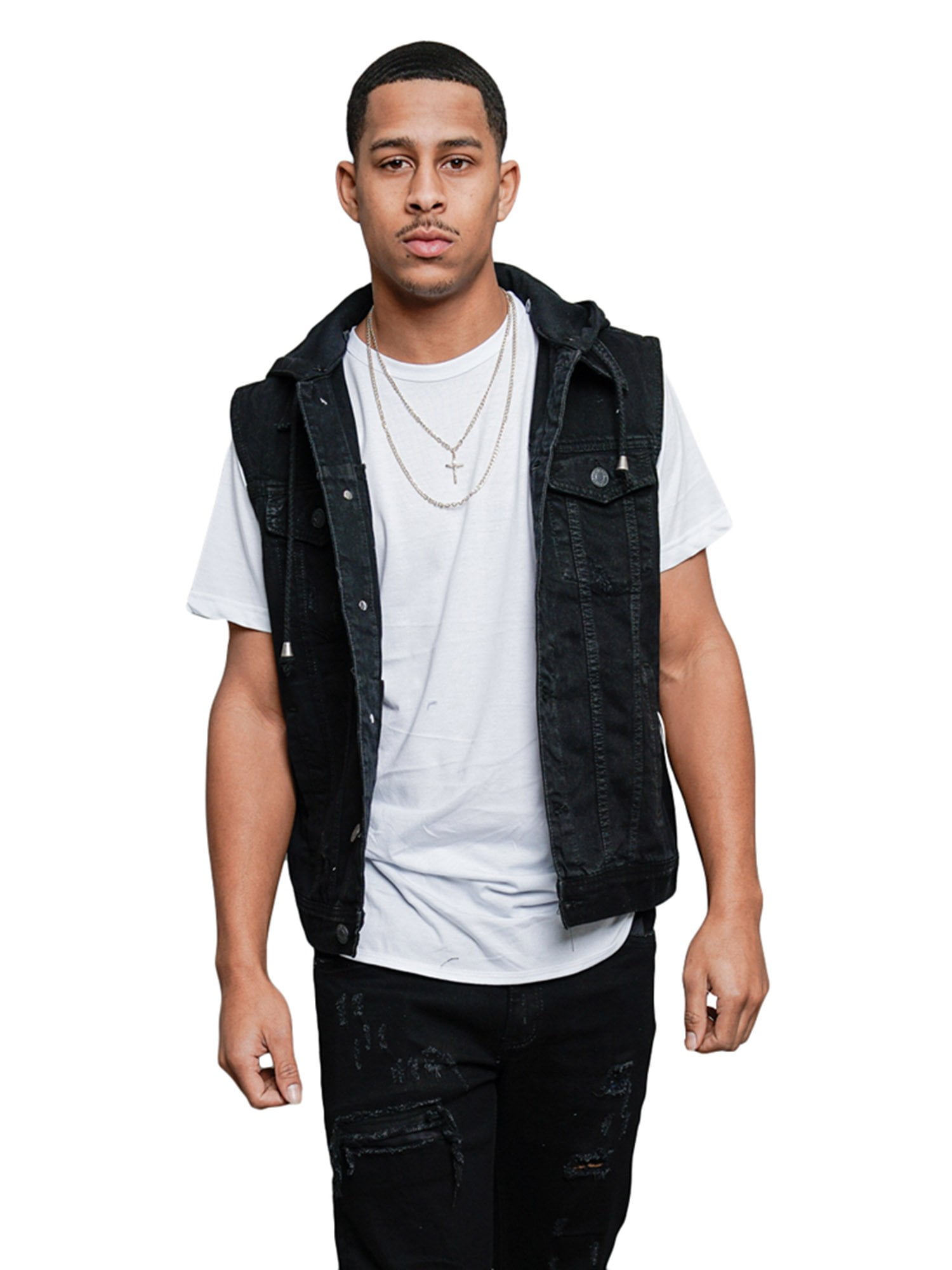 New Men's Cool Jeans Denim Vest Jacket with Hoodies-Black Denim Vest Jacket 