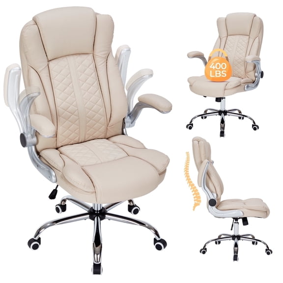 Office Chair with Flip-Up Arms, Big and tall Desk Chair, Desk Chair,Ergonomic Comfy Chair,Executive Computer Chair, Cream
