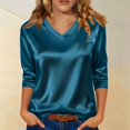 thumbnail image 5 of Plus Size Summer Womens Casual Blouse Loose Fit Satin Short Sleeve V Neck Solid Color Pullover Tunic Top Elbow Length Green XL, 5 of 7