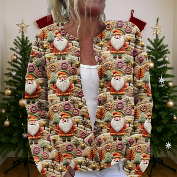 Women's Funny Cardigan Winter Long Sleeve Christmas Tree Elk Santa Claus Xmas Button Knit Cardigan Sweater