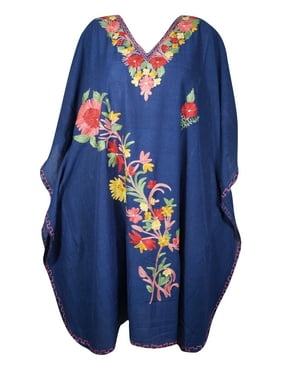 Mogul Women Navy Blue Floral Embroidery Mid Length Caftan Dress V-Neck Kimono Resort Wear Cover Up Kaftan Dresses One Size