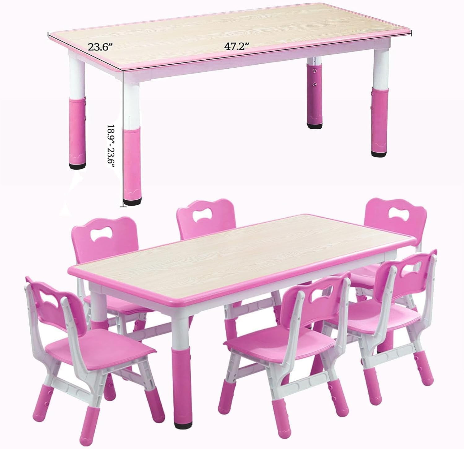 Height Adjustable Kids Table and 6 Chair Set - Multifunctional Desk with Ergonomically Designed Chairs, Supports Up to 300 lbs, Ideal for Ages 2-10 in Classrooms, Daycares, and Home Use