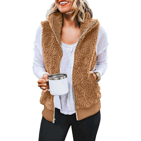 Fartey Womens Fleece Vests Plus Size Winter Zip Up Coat with Hoo Fashion Solid Color Sleeveless Jacket Vest Soft Comfy Fuzzy Sherpas Vests Coats with Pockets 5XL