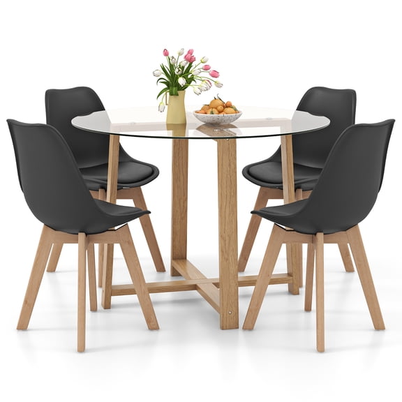 Gymax 5 PCS Dining Table Set for 4 w/ Solid Wood Legs Tempered Glass Tabletop Modern Black