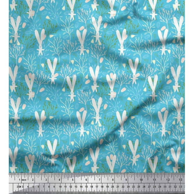 Soimoi Tissu Crêpe Polyester Feuilles, Floral & Rabbit Imprimé Dessin Animé Tissu au Mètre 52 Pouces de Large