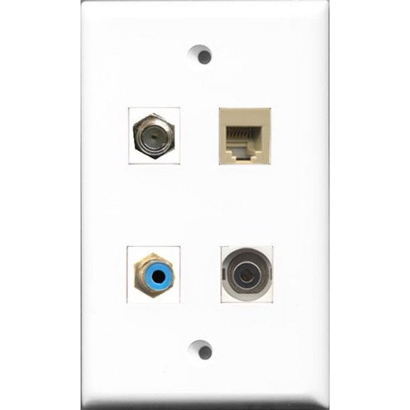 RiteAV 1 Port RCA Blue and 1 Port Coax Cable TV- F-Type and 1 Port Phone RJ11 RJ12 Beige and 1 Port 3.5mm Wall Plate