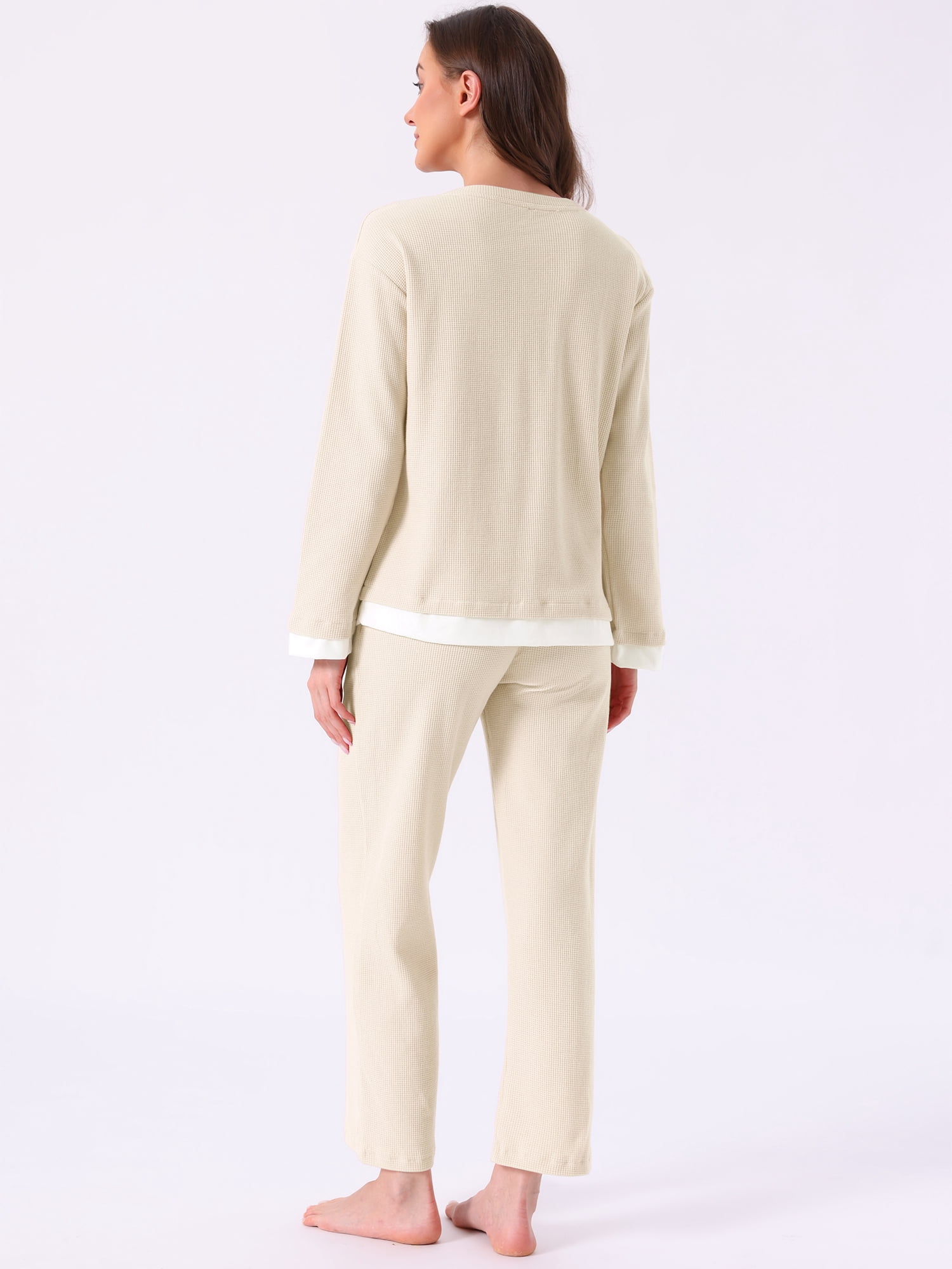DARING DIVA Women's Soft Waffle Cotton Pajamas Long Sleeve with Pants Set M Apricot