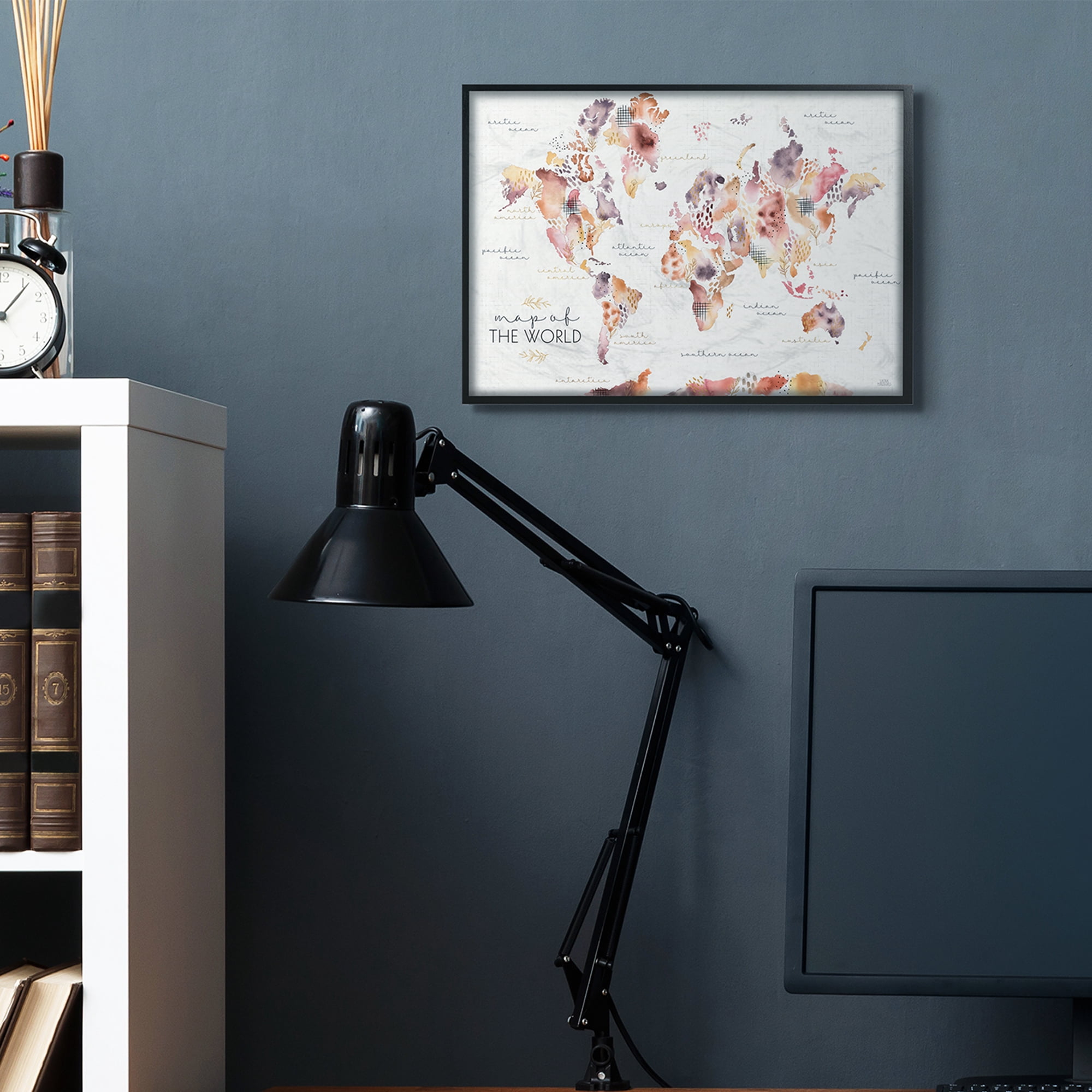 Stupell Industries Abstract Floral World Map Watercolor Pink Purple Black Framed by Laura Marshall
