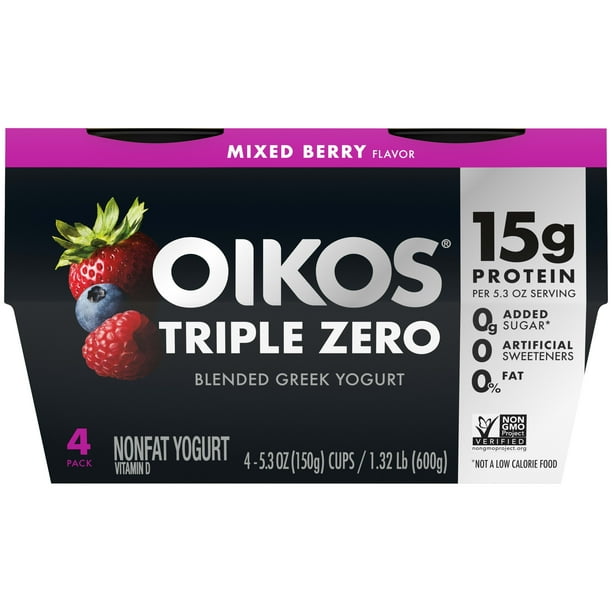 Oikos Triple Zero Mixed Berry Greek Yogurt, 5.3 Oz. Cups, 4 Count