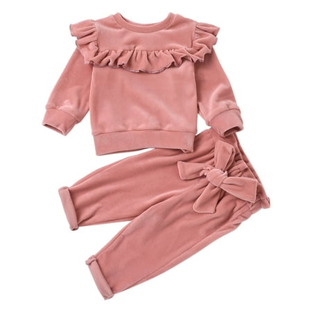 

Toddler Baby Girls Pullover Sweater Sets Knit Ruffle Neck Crewneck Sweatshirt with Bow Pants Winter Clothes 2PCS/Sets