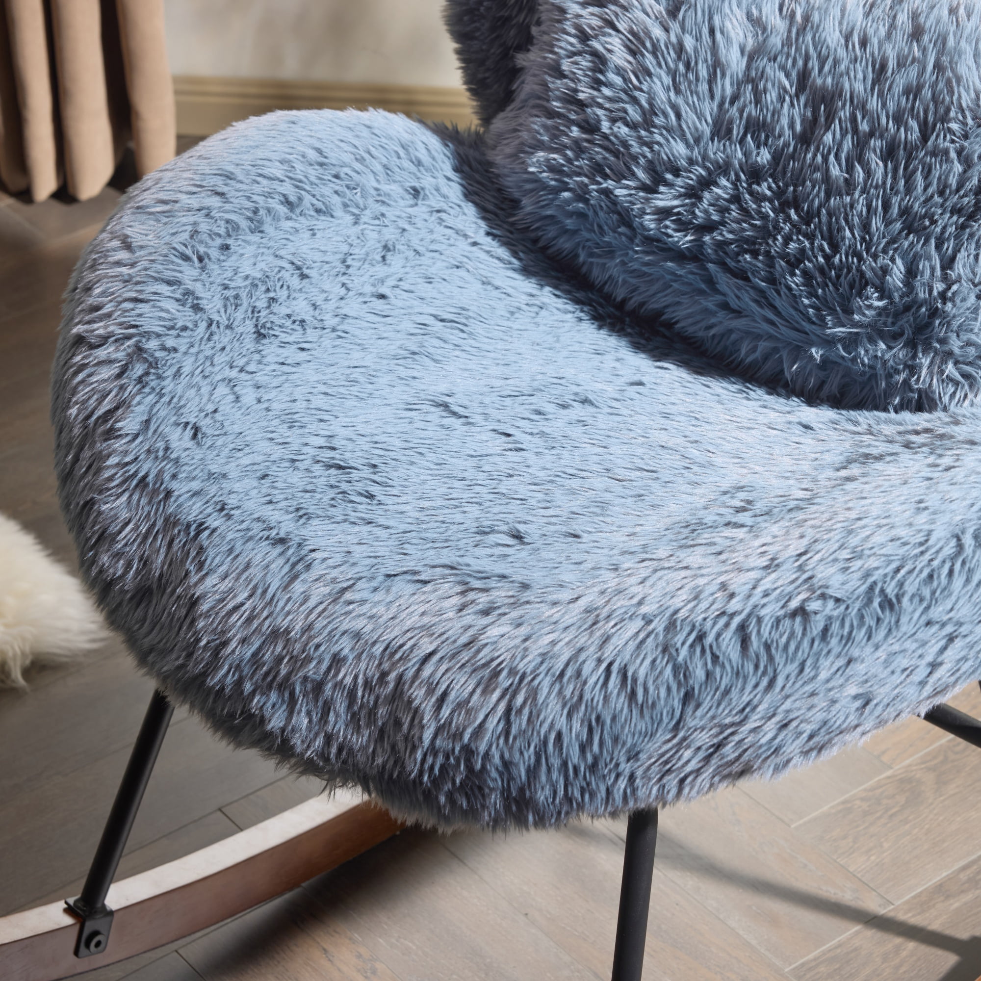 UBesGoo Nursery Rocking Chair, Modern Accent Chair with Padded Seat and Wooden Metal Frame, Long Pile Fabric Upholstered Glider Rocker, Comfy Nest Style, Blue