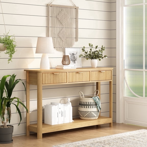 PieDle 47" Fluted Wood Console Table with Drawers, Narrow Entryway Table with Storage Shelf, Sofa Table for Living Room Hallway