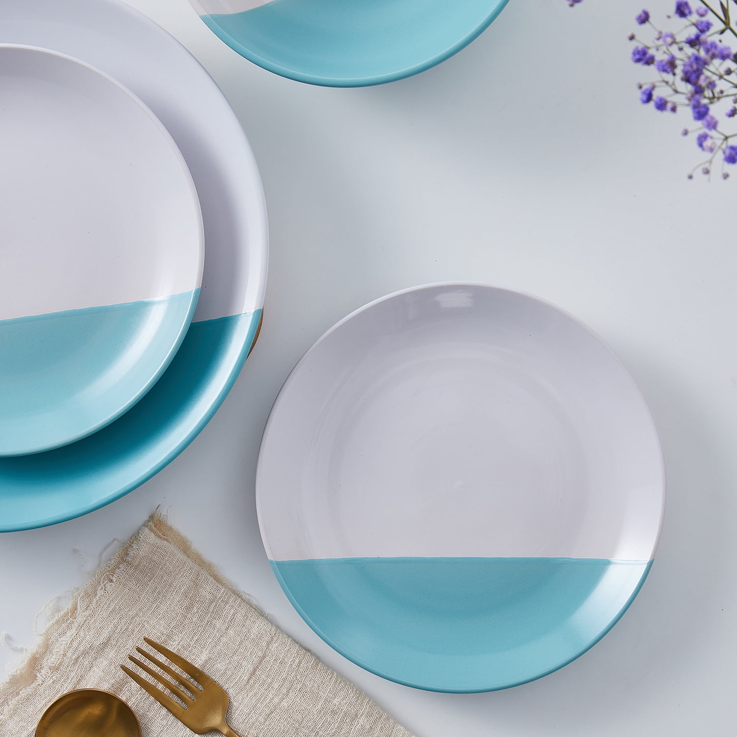 Stone Lain Lizzy Stoneware 12-Piece Round Dinnerware Set, Teal, CB