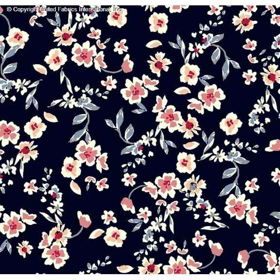 Challis Rayon Printed Lorca, Floral Fabric, Dress Fabric, Rayon (NAVY/ROSE/DENIM, ByYard)