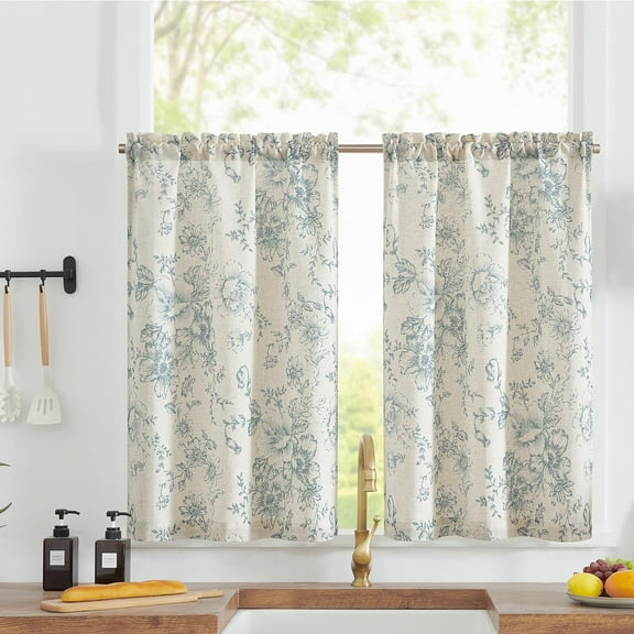Floral Kitchen Curtains Linen Tier Curtains Blue Flower on Beige Cafe Curtains 36 Inch Length Living Room Bedroom Bathroom Farmhouse Rustic Country Curtains Rod Pocket 2 Panels