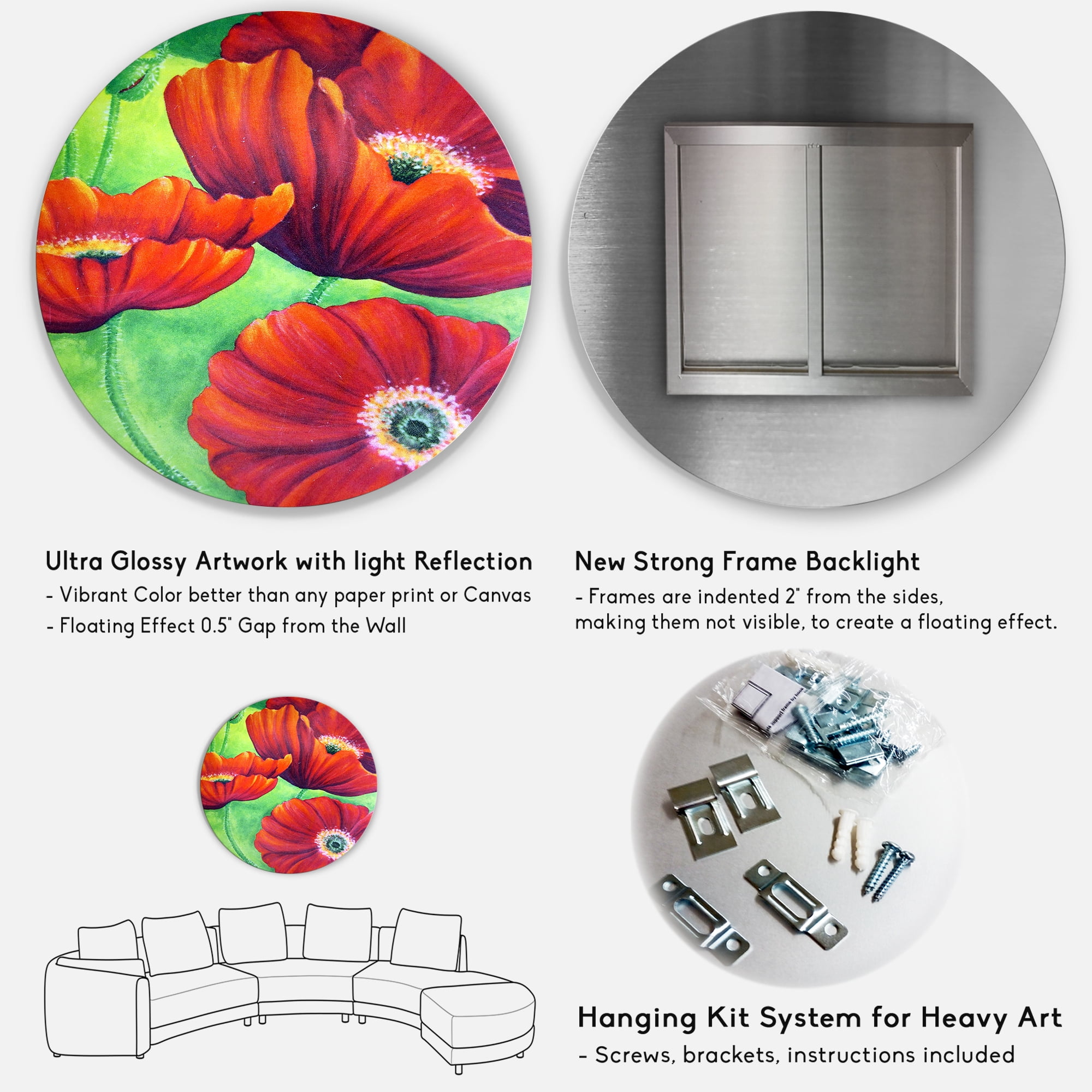 Designart 'Red Blossoming Poppies Over Wild Green V' Traditional Circle Metal Wall Art 36x36 - Disc of 36