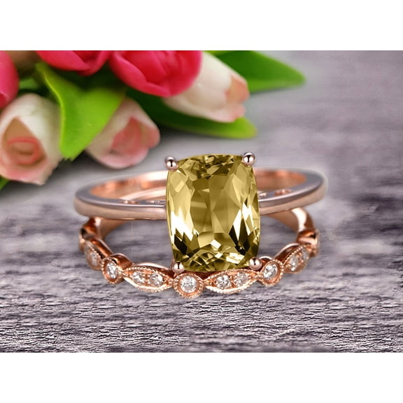 1.80 Carat 7mm Cushion Cut Champagne Diamond Moissanite Solitaire Engagement Ring With Matching Band On 10k Rose Gold Art Deco Shining Startling Ring Anniversary Gift