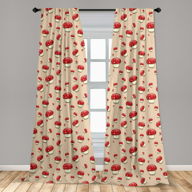 Mushroom Curtains 2 Panels Set Amanita, Tan And Red Curtains
