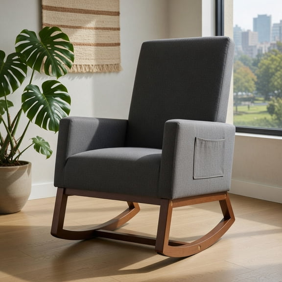 Topcobe Rocking High Back Upholstered Lounge Armchair with Side Pocket, Single Sofa Chair for Living Room Balcony, Gray