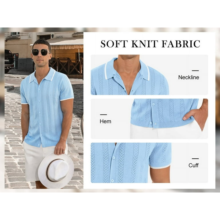 Iceglad Men's Casual Button Down Shirt Short Sleeve Vintage Clothes Knit  Polo Shirts Summer Beach Shirts